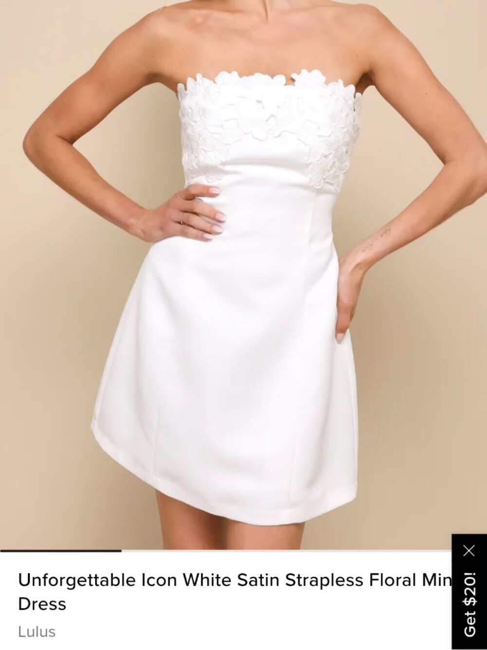 Lulus Like New Unforgettable Icon White Satin Strapless Floral Mini Dress, Sz S